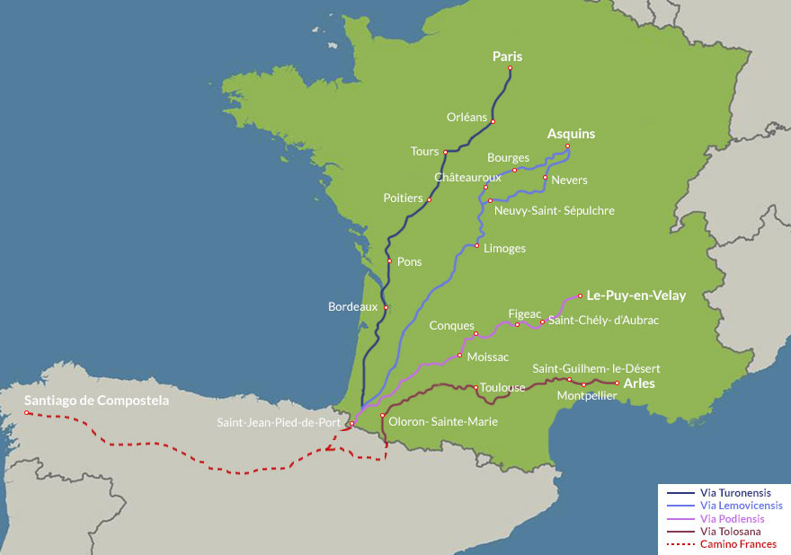 Karte mit Frankreichs Jakobswegen