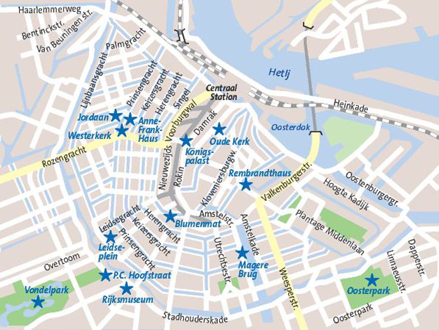 Karte Grachten in Amsterdam mit Sehenswürdigkeiten