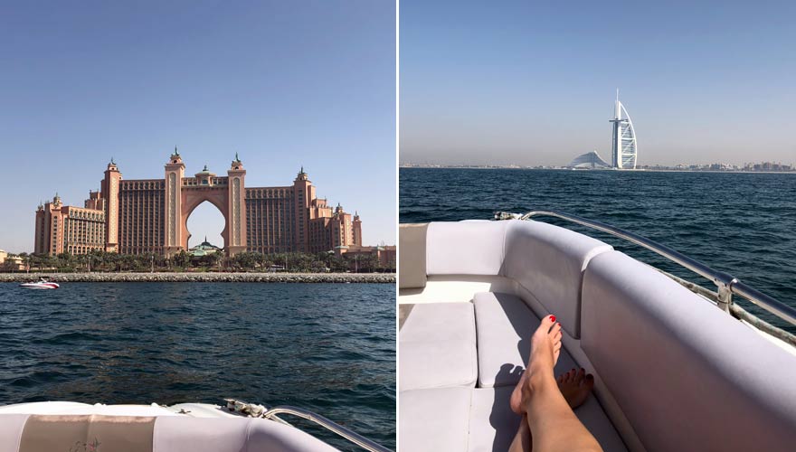 Aussicht auf Atlantis The Palm und Burj Khalifa während einer Motorboots-Tour