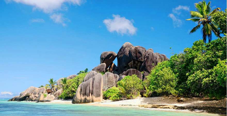 Weißer Sandstrand mit Felsen und Palmen auf La Digue, Seychellen