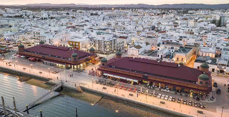 Olhao with two market buildings by Ria Formosa, Algarve, Portugal