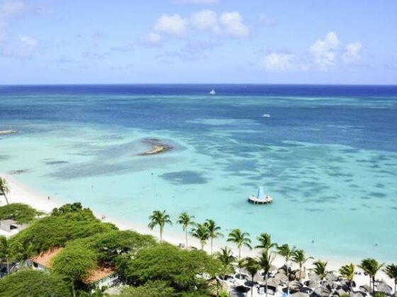Strand auf Aruba mit Palmen und Blick aufs Meer