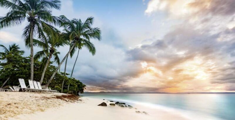 Blick auf einen Sandstrand in der Dominikanischen Republik mit Palmen und Sonnenliegen