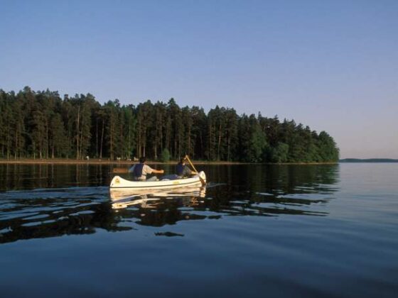 Zwei Menschen rudern in Boot auf Malar See in Schweden