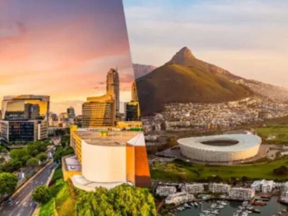 Skylines von Johannesburg und Kapstadt nebeneinander auf einem Bild