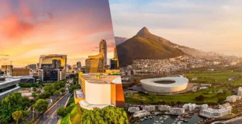 Skylines von Johannesburg und Kapstadt nebeneinander auf einem Bild