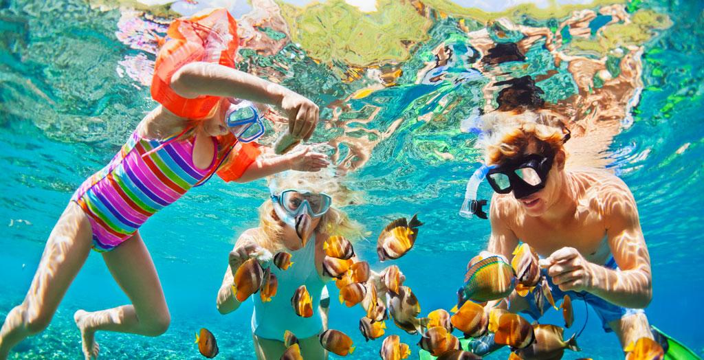 Vater mit zwei Kindern beim Schnorcheln sehen gelbe Fische im Wasser