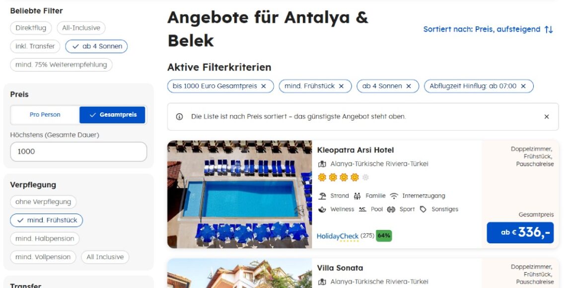 sonnenklar.TV Screenshot Angebotsliste mit Filtermöglichkeiten im neuen Design