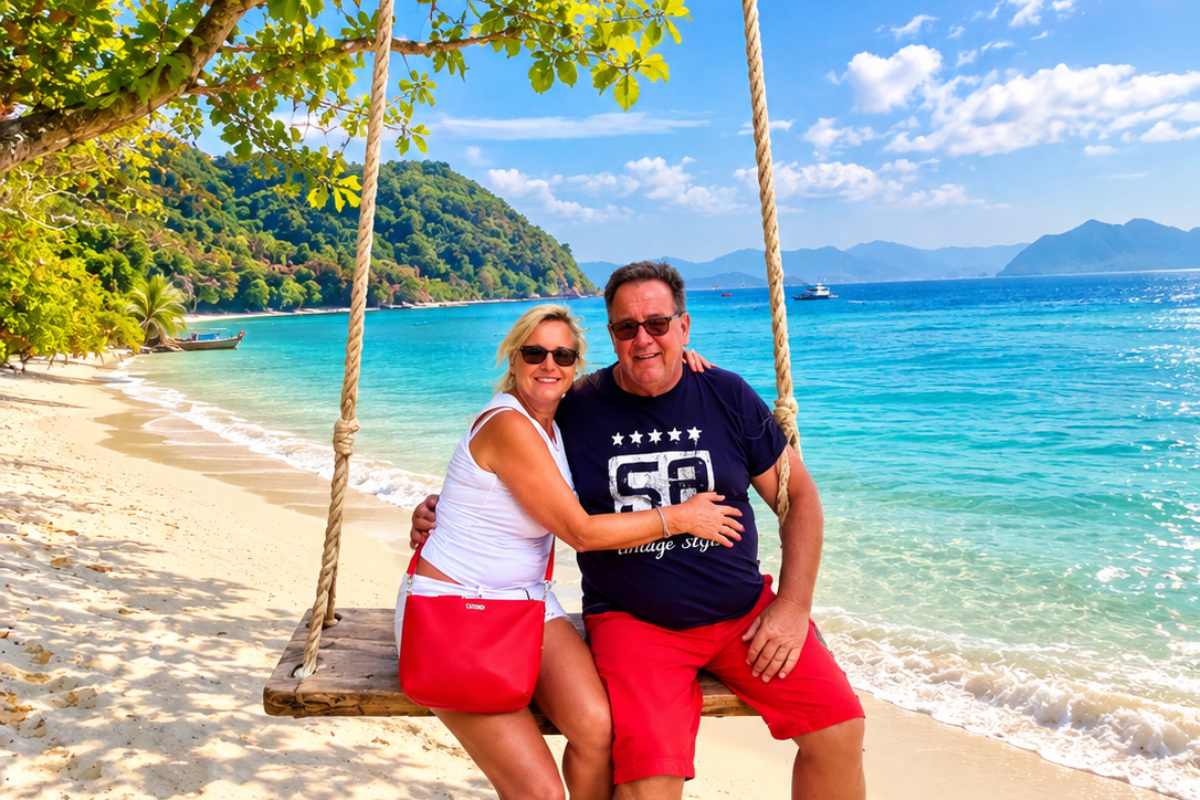 Paar auf einer Schaukel am Strand in Thailand