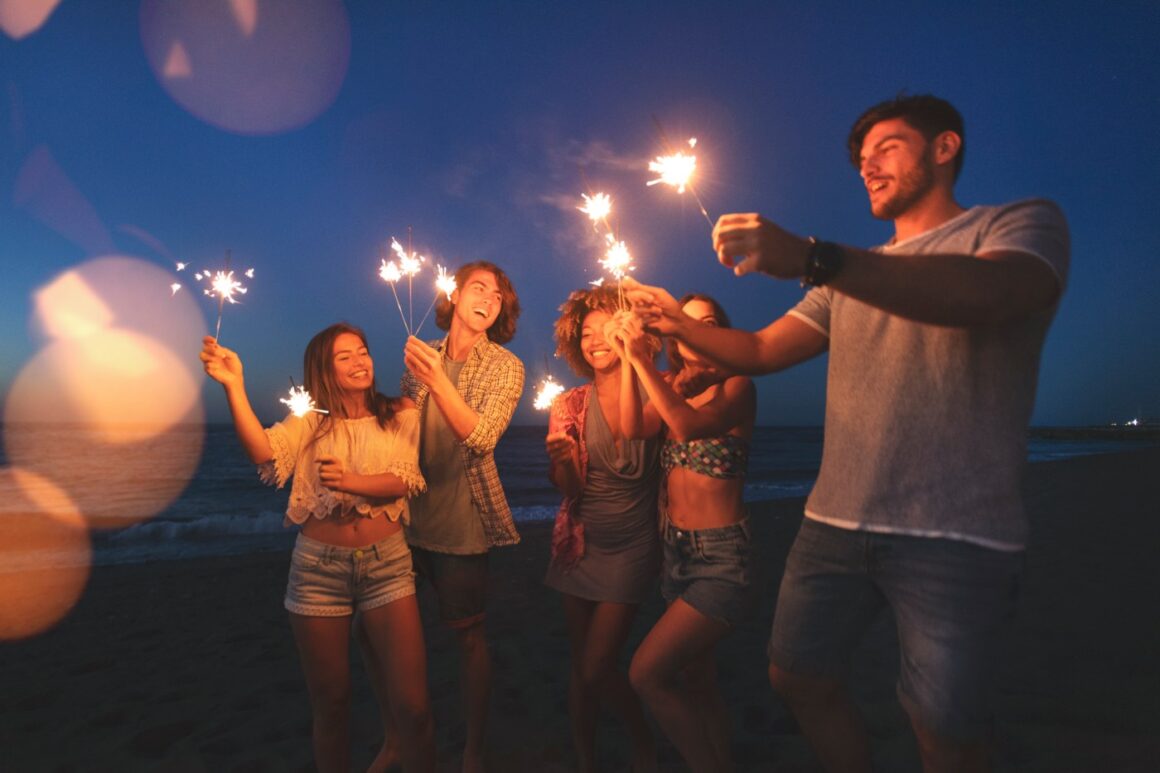 Top 10 warme Reiseziele für Silvester – die heißesten Ziele zum Jahreswechsel Junge Menschen mit Wunderkerzen am Strand