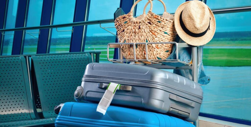 Gepäck aufgetürmt auf Trolley am Flughafen