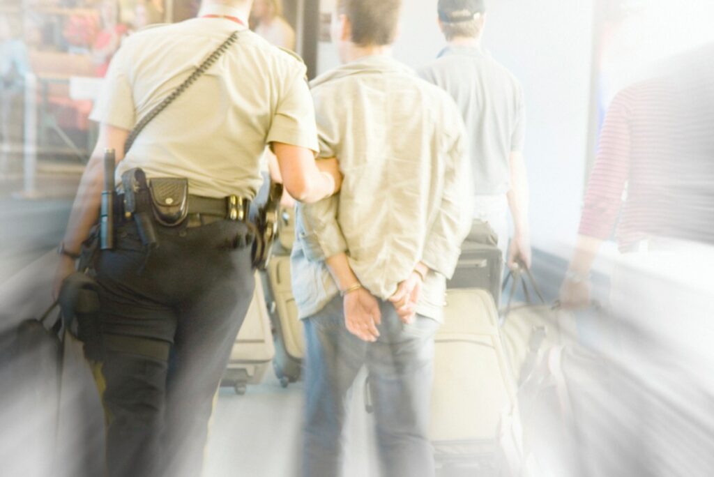 Mann wird am Flughafen von Sicherheitspersonal abgeführt