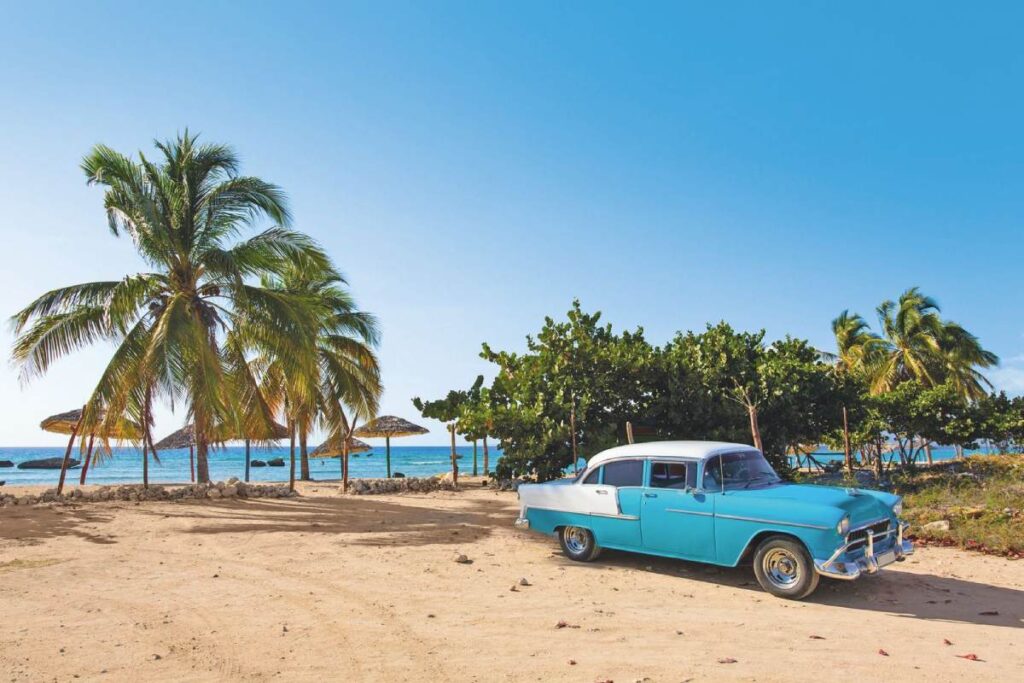 Blau-weißer Oldtimer am Palmenstrand von Kuba