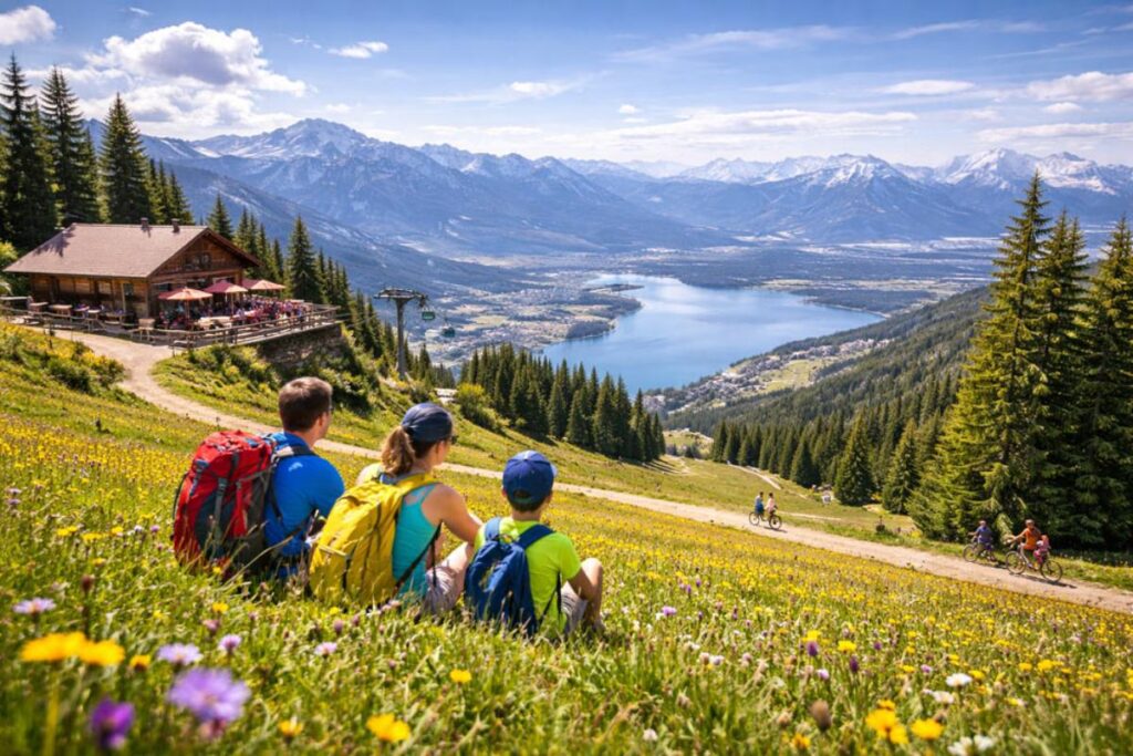 Familie beim Wandern blickt von Blumenwiese auf See und Alpenpanorama