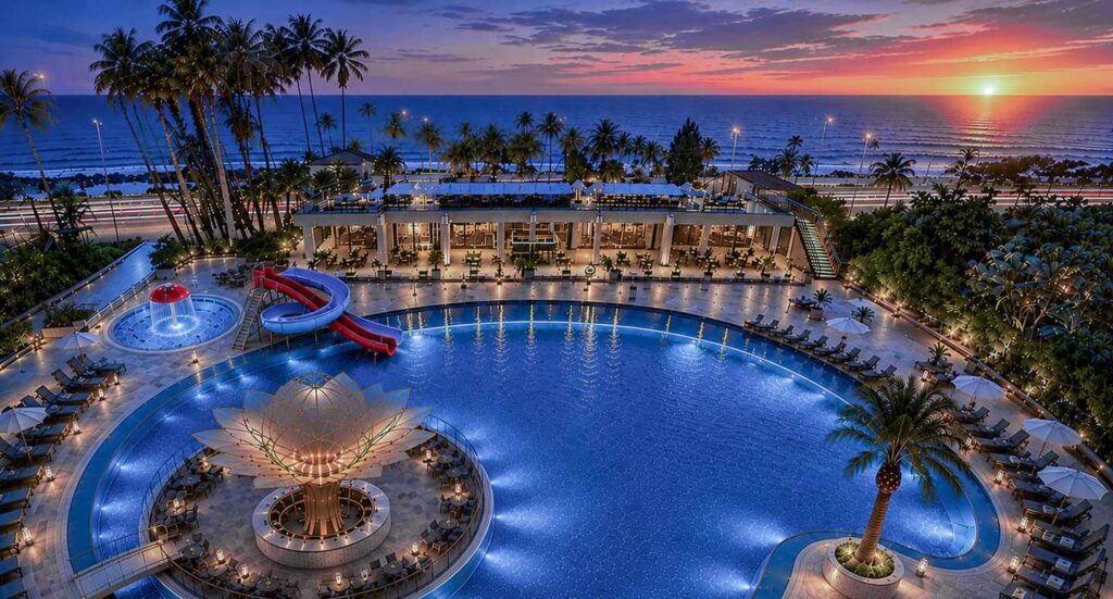 8 Tage Türkische Riviera ab 399 Euro im 5-Sterne-Ressort (Neueröffnung 2026) Pool und Sonnenuntergang am World Star Beach Resort & Spa